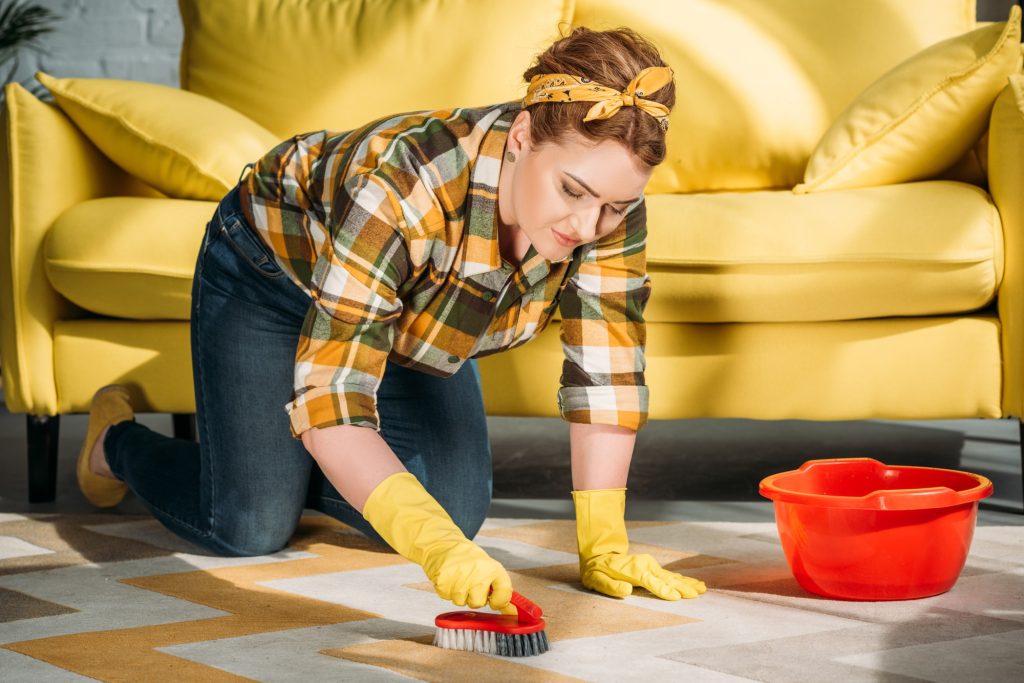 beautiful woman cleaning carpet at home